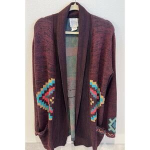Billabong Southwest Theme-Aztec Long Cardigan Pockets Burgundy, Teal, Gold,